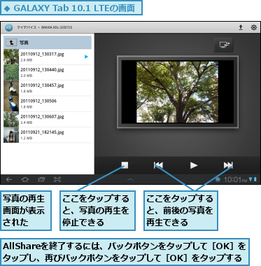 AllShareを終了するには、バックボタンをタップして［OK］をタップし、再びバックボタンをタップして［OK］をタップする,ここをタップすると、写真の再生を停止できる,ここをタップすると、前後の写真を再生できる,写真の再生画面が表示された  