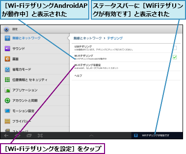 ステータスバーに［WiFiテザリングが有効です］と表示された,［Wi-FiテザリングAndroidAPが動作中］と表示された,［Wi-Fiテザリングを設定］をタップ