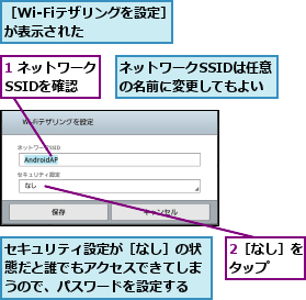 1 ネットワークSSIDを確認,2［なし］をタップ  ,セキュリティ設定が［なし］の状態だと誰でもアクセスできてしまうので、パスワードを設定する,ネットワークSSIDは任意の名前に変更してもよい,［Wi-Fiテザリングを設定］が表示された    