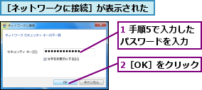 1 手順5で入力したパスワードを入力,2［OK］をクリック,［ネットワークに接続］が表示された