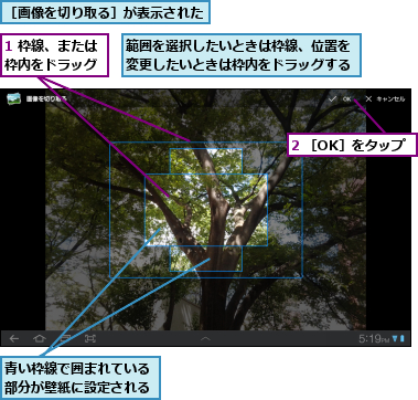 1 枠線、または枠内をドラッグ,2 ［OK］をタップ,範囲を選択したいときは枠線、位置を変更したいときは枠内をドラッグする,青い枠線で囲まれている部分が壁紙に設定される,［画像を切り取る］が表示された