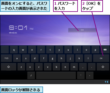 1 パスワードを入力    ,2［OK］をタップ,画面をオンにすると、パスワードの入力画面が表示された,画面ロックが解除される