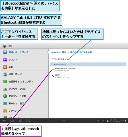 1 接続したいBluetooth機器名をタップ,GALAXY Tab 10.1 LTEと接続できる  Bluetooth機器が検索された,ここではワイヤレス   キーボードを接続する  ,機器が見つからないときは［デバイスのスキャン］をタップする    ,［Bluetooth設定 > 近くのデバイスを検索］が表示された    