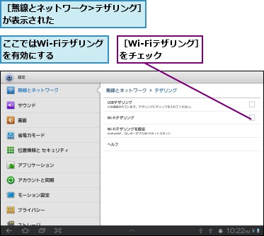 ここではWi-Fiテザリングを有効にする    ,［Wi-Fiテザリング］をチェック  ,［無線とネットワーク>テザリング］が表示された            