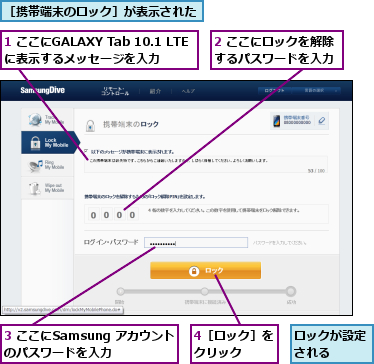 1 ここにGALAXY Tab 10.1 LTEに表示するメッセージを入力,2 ここにロックを解除するパスワードを入力,3 ここにSamsung アカウントのパスワードを入力,4［ロック］をクリック  ,ロックが設定される  ,［携帯端末のロック］が表示された
