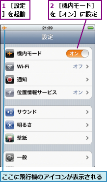 1 ［設定］を起動,2 ［機内モード］を［オン］に設定,ここに飛行機のアイコンが表示される