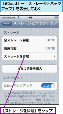 ［iCloud］→［ストレージとバックアップ］を表示しておく  ,［ストレージを管理］をタップ