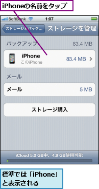 iPhoneの名前をタップ,標準では「iPhone」と表示される  