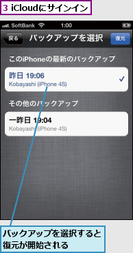 3 iCloudにサインイン,バックアップを選択すると復元が開始される    