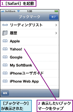 1［Safari］を起動,2 表示したいブックマークをタップ  ,［ブックマーク］が表示された  