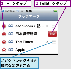 1［-］をタップ,2［削除］をタップ,ここをドラッグすると順序を変更できる  