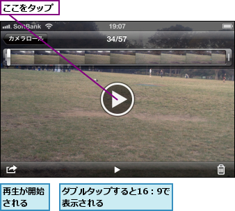 ここをタップ,ダブルタップすると16：9で表示される      ,再生が開始される  