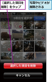 写真やビデオが削除される  ,［選択した項目を削除］をタップ