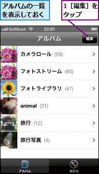 1［編集］をタップ  ,アルバムの一覧を表示しておく