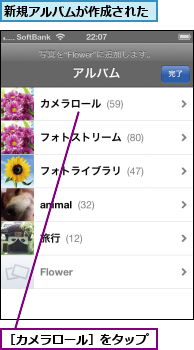 新規アルバムが作成された,［カメラロール］をタップ