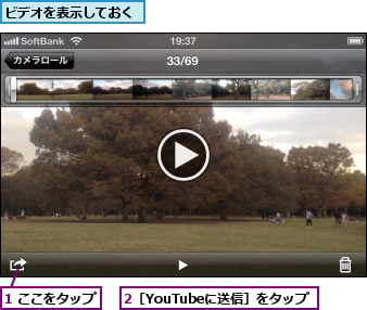 1 ここをタップ,2［YouTubeに送信］をタップ,ビデオを表示しておく