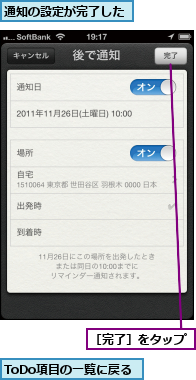 ToDo項目の一覧に戻る,通知の設定が完了した,［完了］をタップ