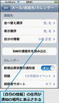 ［自分の情報］の住所が通知の場所に表示される