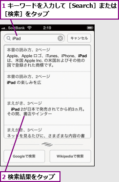 1 キーワードを入力して［Search］または［検索］をタップ        ,2 検索結果をタップ