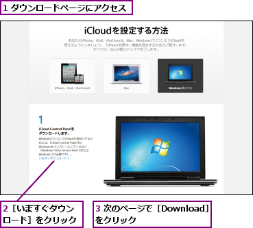 1 ダウンロードページにアクセス,2［いますぐダウンロード］をクリック,3 次のページで［Download］をクリック       