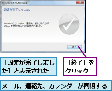 メール、連絡先、カレンダーが同期する,［終了］をクリック,［設定が完了しました］と表示された