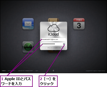 1 Apple IDとパスワードを入力,2［→］をクリック