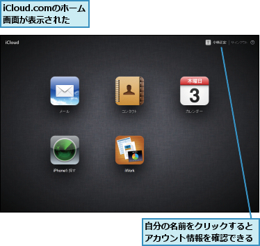 iCloud.comのホーム画面が表示された,自分の名前をクリックするとアカウント情報を確認できる