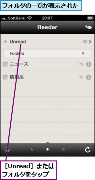 フォルダの一覧が表示された,［Unread］またはフォルダをタップ