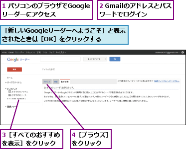 1 パソコンのブラウザでGoogleリーダーにアクセス,2 Gmailのアドレスとパスワードでログイン,3［すべてのおすすめを表示］をクリック,4［ブラウズ］をクリック  ,［新しいGoogleリーダーへようこそ］と表示されたときは［OK］をクリックする