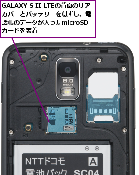 GALAXY S II LTEの背面のリアカバーとバッテリーをはずし、電　　話帳のデータが入ったmicroSD　　　カードを装着