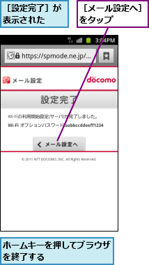ホームキーを押してブラウザを終了する　　　　　　　,［メール設定へ］をタップ　　　,［設定完了］が表示された　　