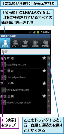 1［検索］をタップ,ここをドラッグすると、五十音順で連絡先を探すことができる,［名前順］にはGALAXY S II LTEに登録されているすべての連絡先が表示される,［電話帳から選択］が表示された