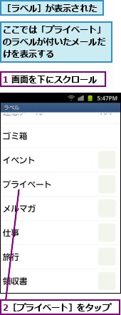 1 画面を下にスクロール,2［プライベート］をタップ,ここでは「プライベート」のラベルが付いたメールだけを表示する,［ラベル］が表示された