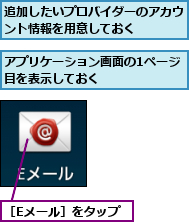 アプリケーション画面の1ページ目を表示しておく　　　　　　,追加したいプロバイダーのアカウント情報を用意しておく　　　　　　,［Eメール］をタップ