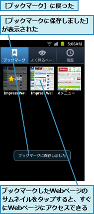 ブックマークしたWebページの　サムネイルをタップすると、すぐにWebページにアクセスできる,［ブックマークに保存しました］が表示された　　　　　　　　　,［ブックマーク］に戻った