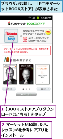 1［BOOK ストアアプリダウンロードはこちら］をタップ,ブラウザが起動し、［ドコモマーケットBOOKストア］が表示された　　,２ マーケットが起動したら、レッスン8を参考にアプリを　インストール　　