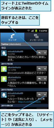 ここをタップすると、［リツイート］や［お気に入り］、［メッセージ］が表示される,フィード上にTwitterのタイムラインが表示された　　,返信するときは、ここをタップする　　　　　