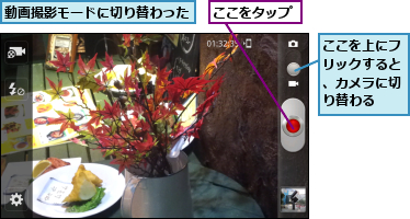 ここをタップ,ここを上にフリックすると、カメラに切り替わる,動画撮影モードに切り替わった