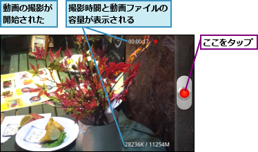 ここをタップ,動画の撮影が開始された,撮影時間と動画ファイルの容量が表示される　　　