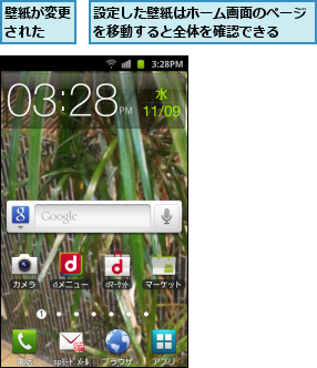 壁紙が変更された  ,設定した壁紙はホーム画面のページを移動すると全体を確認できる  