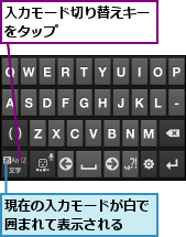 入力モード切り替えキーをタップ　　　　　　,現在の入力モードが白で囲まれて表示される　　