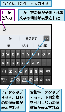 1「か」と入力,「か」で変換が予測される文字の候補が表示された,ここでは「会社」と入力する,ここをタップすると、ほかの変換候補が表示される,変換キーをタップすると、予測変換を利用しない変換候補が表示される