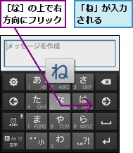 「ね」が入力される　　　,［な］の上で右方向にフリック