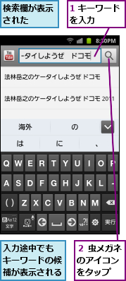 1 キーワードを入力　　　,入力途中でも キーワードの候補が表示される,検索欄が表示された　　,２ 虫メガネのアイコン　をタップ