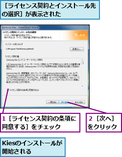1［ライセンス契約の条項に同意する］をチェック　　,Kiesのインストールが開始される　　　,２［次へ］をクリック,［ライセンス契約とインストール先の選択］が表示された　　　　　