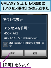 GALAXY S II LTEの画面に　　　　　　　　　［アクセス要求］が表示された      ,［許可］をタップ