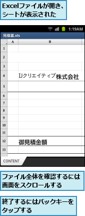 Excelファイルが開き、シートが表示された,ファイル全体を確認するには画面をスクロールする　　　,終了するにはバックキーをタップする　　　　　　