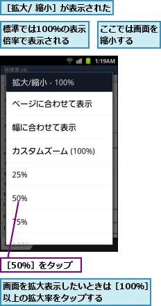 ここでは画面を縮小する  ,標準では100％の表示倍率で表示される,画面を拡大表示したいときは［100％］以上の拡大率をタップする    ,［50％］をタップ,［拡大/ 縮小］が表示された
