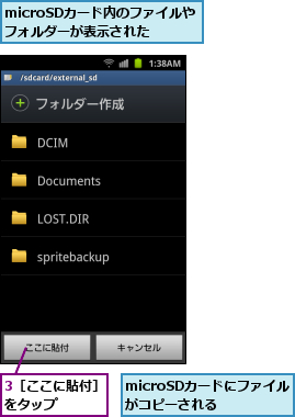 3［ここに貼付］をタップ    ,microSDカードにファイルがコピーされる  ,microSDカード内のファイルやフォルダーが表示された