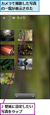 2 壁紙に設定したい写真をタップ　　　,カメラで撮影した写真の一覧が表示された